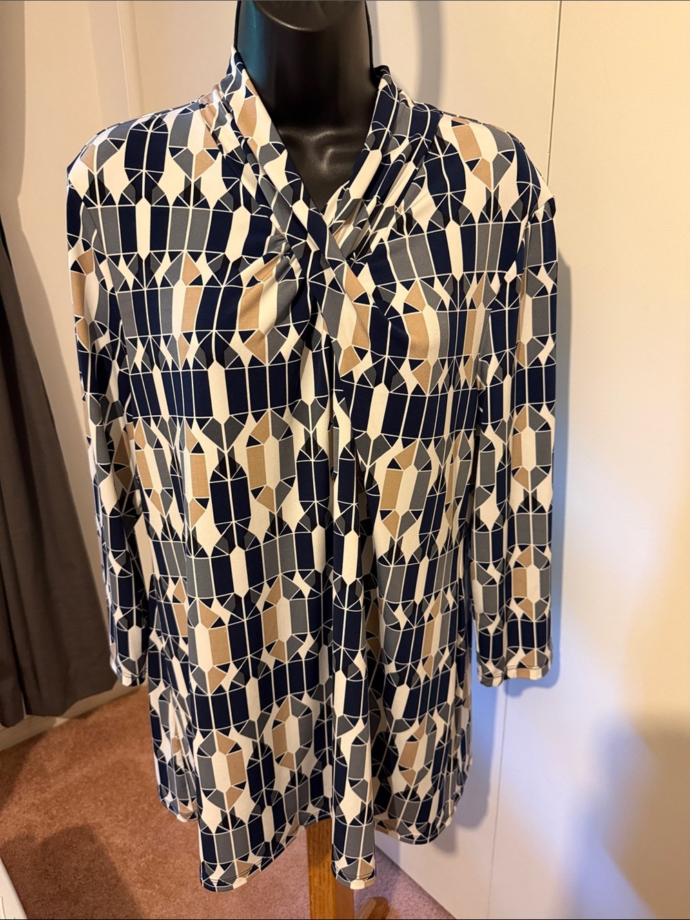 Alfani Navy, Cream & Tan Geometric Tie-Neck Blouse